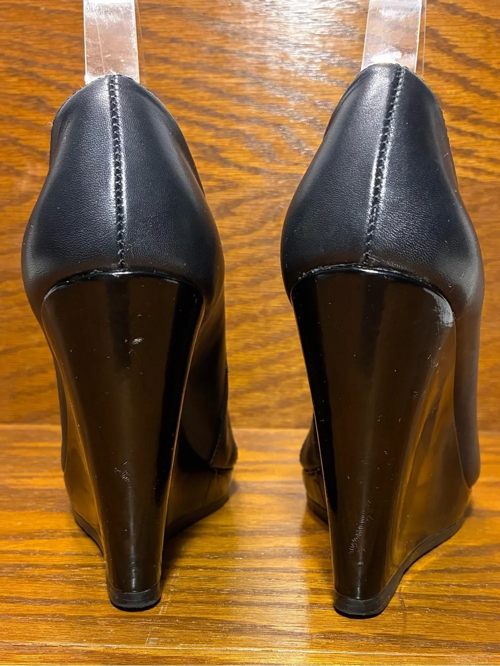 5/48 Saks Fifth Ave Black Leather Patent Platform Wedges EU 36 US 5.5
